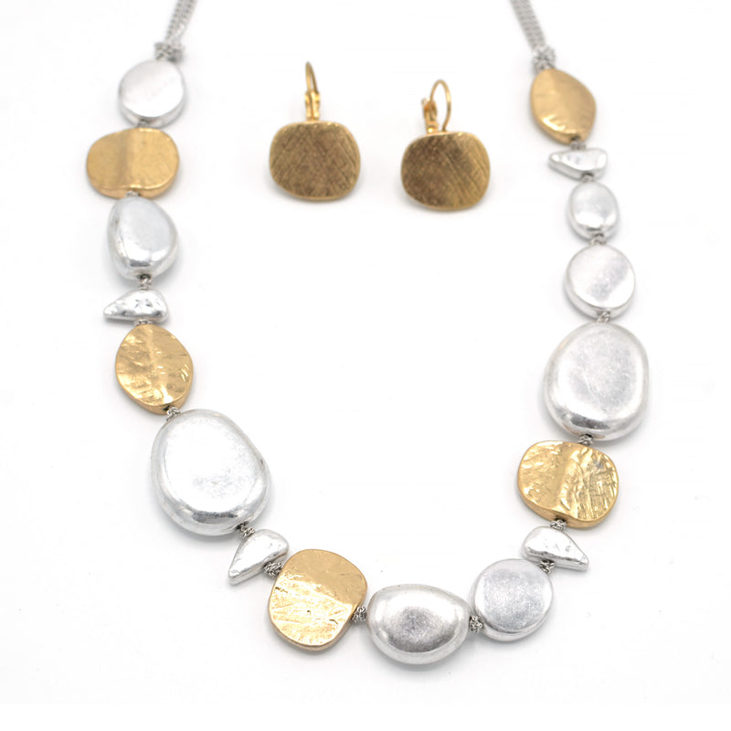 TWO-TONE SILVER AND GOLD EARRINGS AND NECKLACE SET