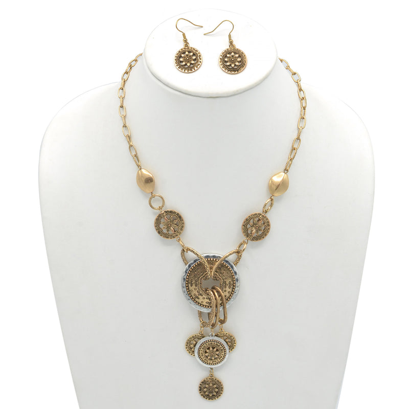 TWO-TONE FLOWER CHANDELIER NECKLACE AND EARRINGS SET