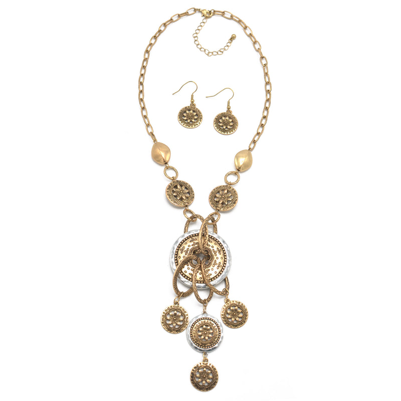 TWO-TONE FLOWER CHANDELIER NECKLACE AND EARRINGS SET
