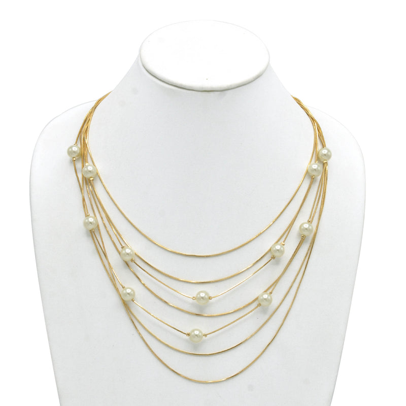GOLD AND PEARL MULTI LAYER NECKLACE AND EARRINGS SET