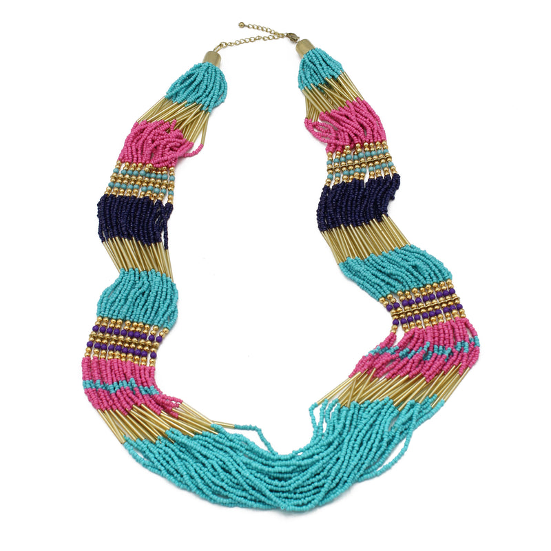Gold Multicolor Seed Bead Statement Layer Necklace