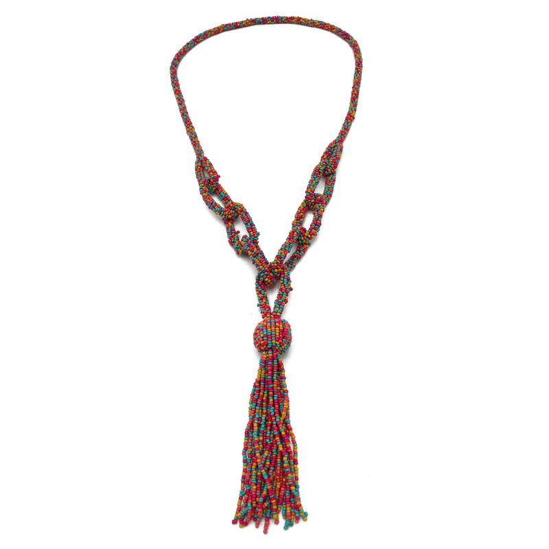 Multicolor seed bead tassel long necklace