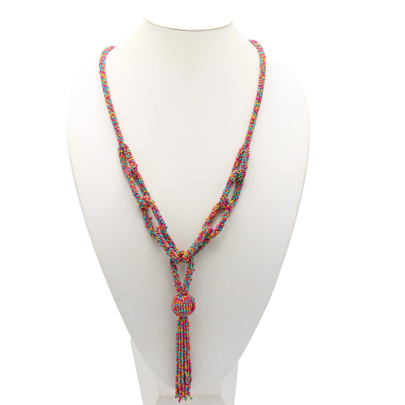 Multicolor seed bead tassel long necklace