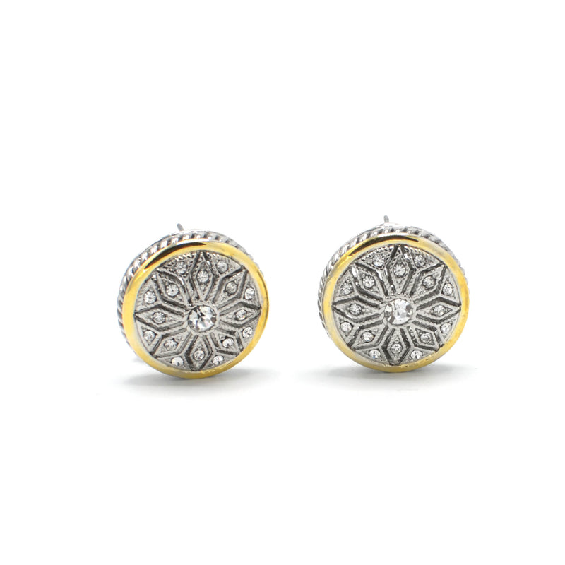 TWO TONE CRYSTAL MARCASITE FINISH ROUND EARRINGS