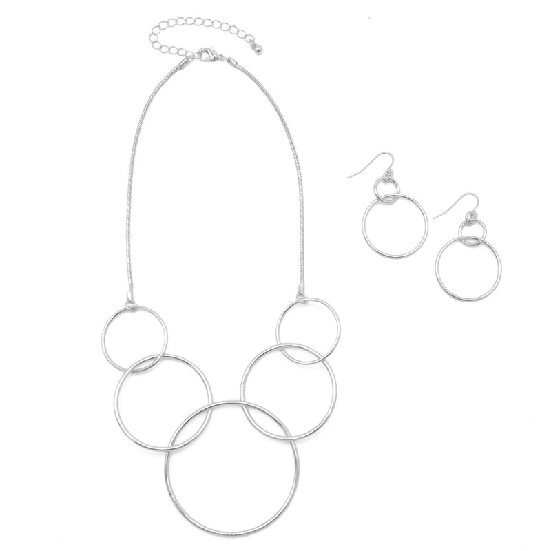 SILVER INTERLOCKING CIRCLE NECKLACE AND EARRINGS SET HNN+E88835-1SL