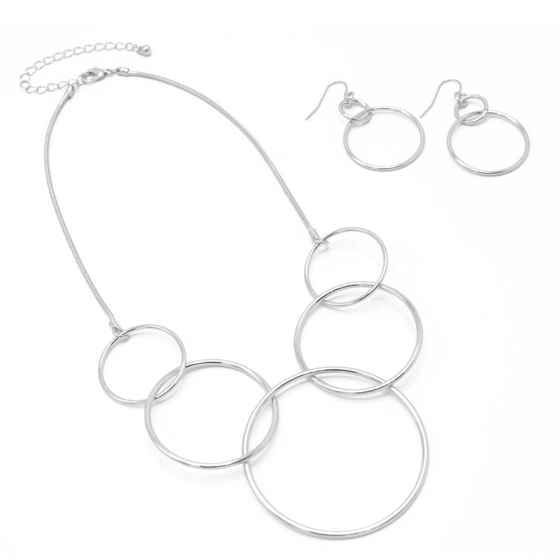 SILVER INTERLOCKING CIRCLE NECKLACE AND EARRINGS SET HNN+E88835-1SL