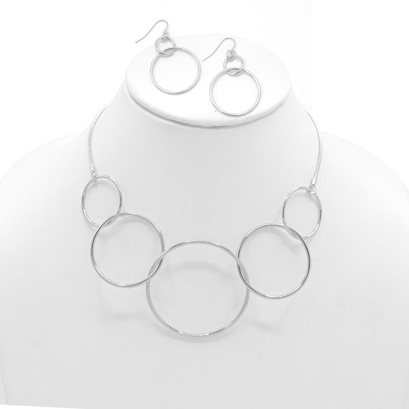 SILVER INTERLOCKING CIRCLE NECKLACE AND EARRINGS SET HNN+E88835-1SL