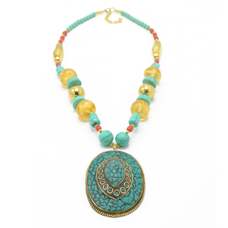 GOLD TURQUOISE PENDANT MULTI COLOR BEADS NECKLACES