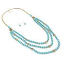 GOLD TONE METAL TURQUOISE BEADS EARRINGS AND NECKLACE