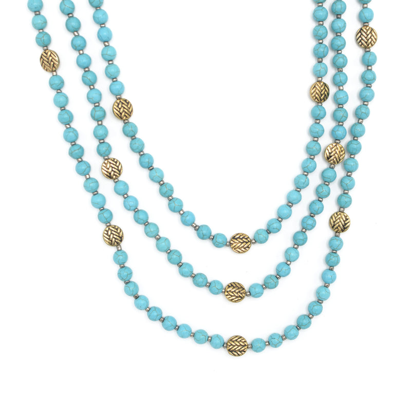 GOLD TONE METAL TURQUOISE BEADS EARRINGS AND NECKLACE