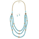 GOLD TONE METAL TURQUOISE BEADS EARRINGS AND NECKLACE