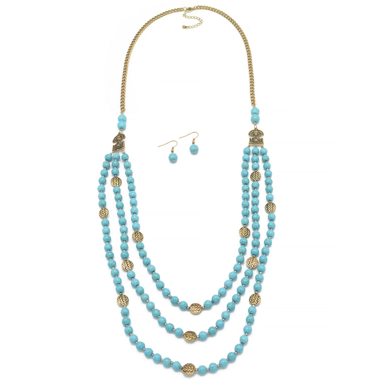 GOLD TONE METAL TURQUOISE BEADS EARRINGS AND NECKLACE
