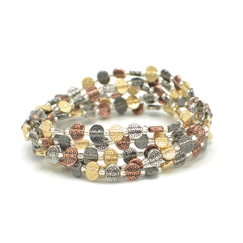 3TONE HAMMERED METAL BEAD MEMORY WIRE STRETCH BRACELET