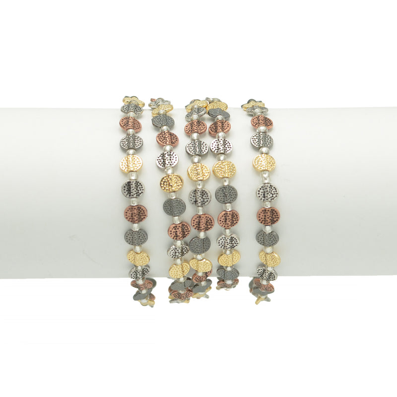 3TONE HAMMERED METAL BEAD MEMORY WIRE STRETCH BRACELET