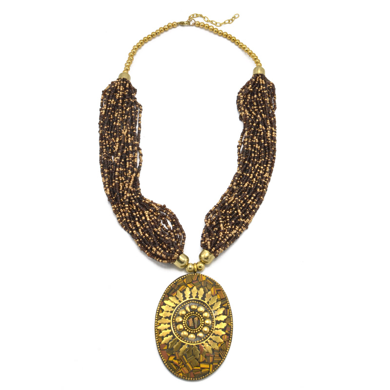 GOLD BROWN PENDANT RESIN BRASS & SEED BEAD LAYERED NECKLACE