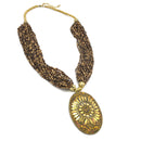 GOLD BROWN PENDANT RESIN BRASS & SEED BEAD LAYERED NECKLACE