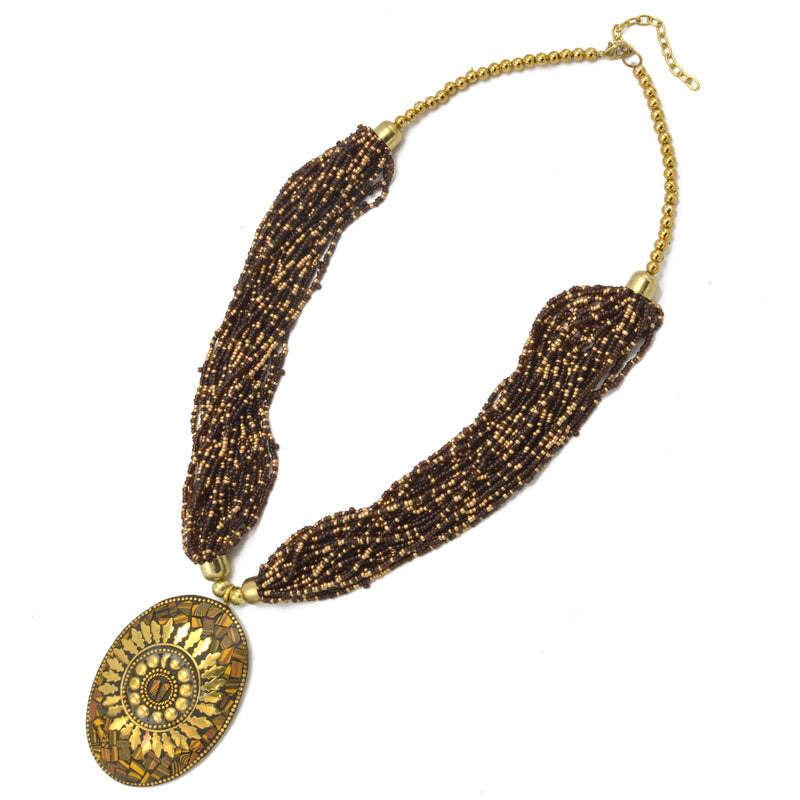 GOLD BROWN PENDANT RESIN BRASS & SEED BEAD LAYERED NECKLACE