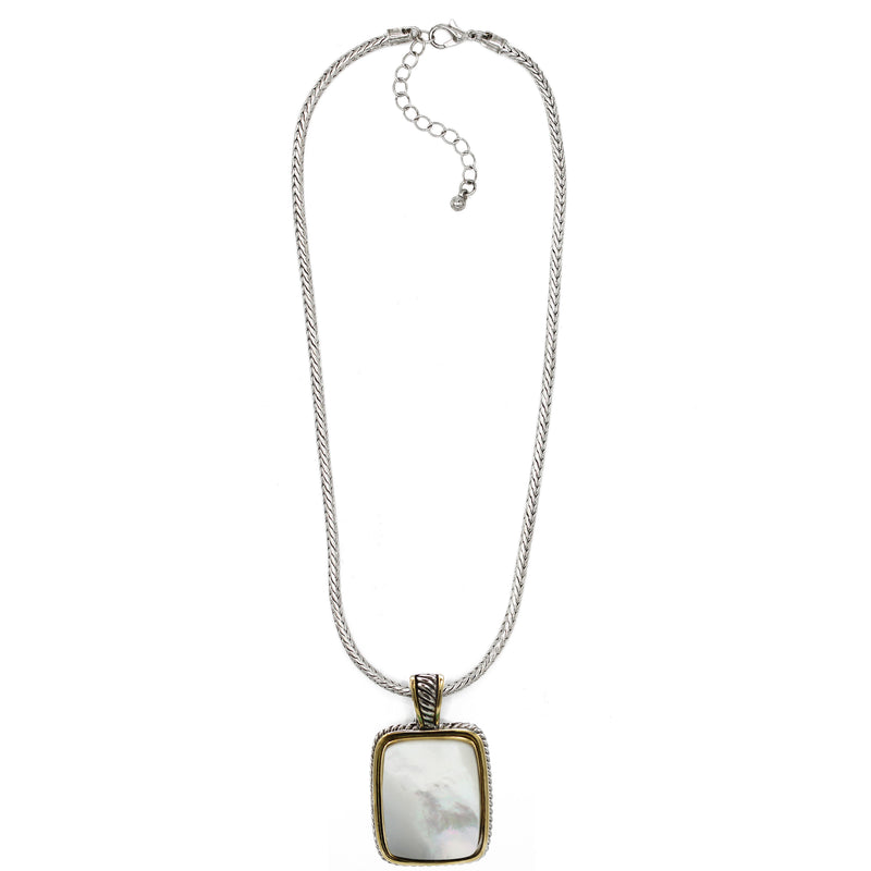 TWO TONE MOTHER OF PEARL ENGRAVED PENDANT SILVER CHAIN NECKLACE