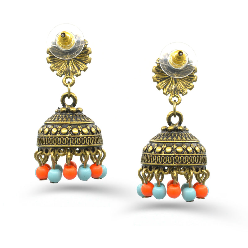 GOLD TURQUOISE AND CORAL DOGRA JHUMKA EARRING