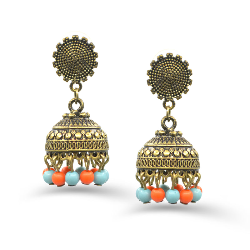 GOLD TURQUOISE AND CORAL DOGRA JHUMKA EARRING