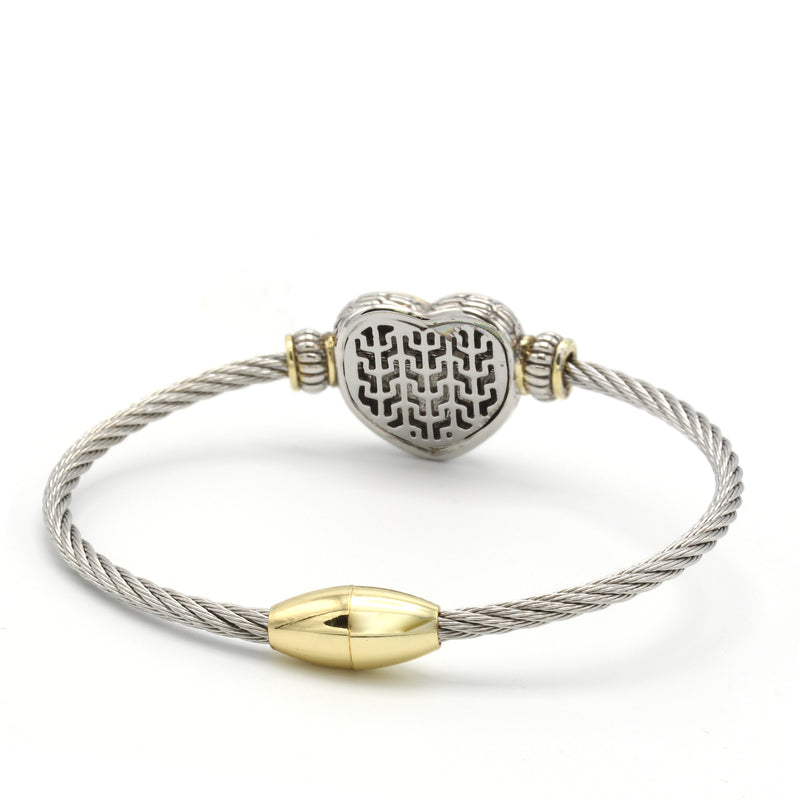 TWO TONE PAVE CRYSTAL ENGRAVED HEART CLASSIC CABLE BRACELET