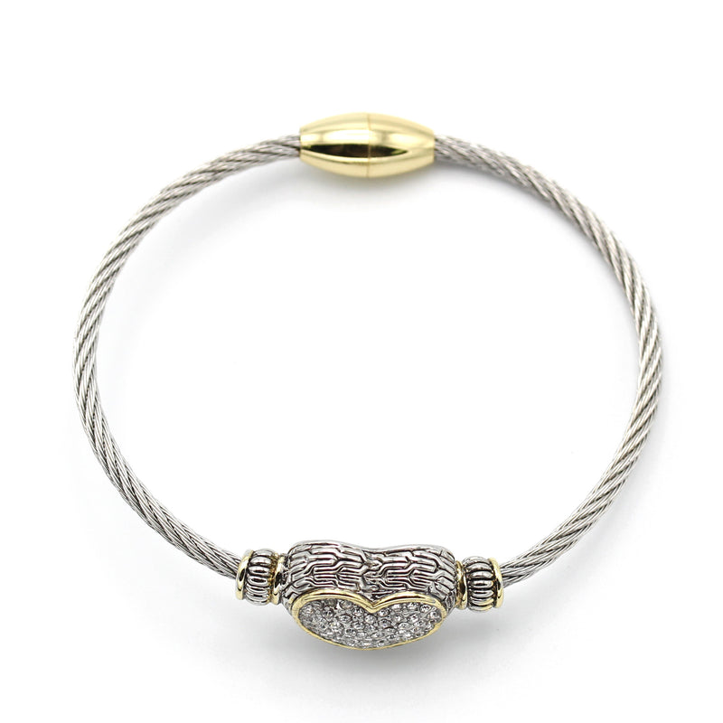 TWO TONE PAVE CRYSTAL ENGRAVED HEART CLASSIC CABLE BRACELET