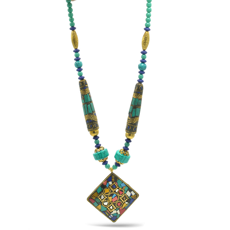 GOLD BLUE AND TURQUOISE BEADS MULTICOLOR PENDANT NECKLACE