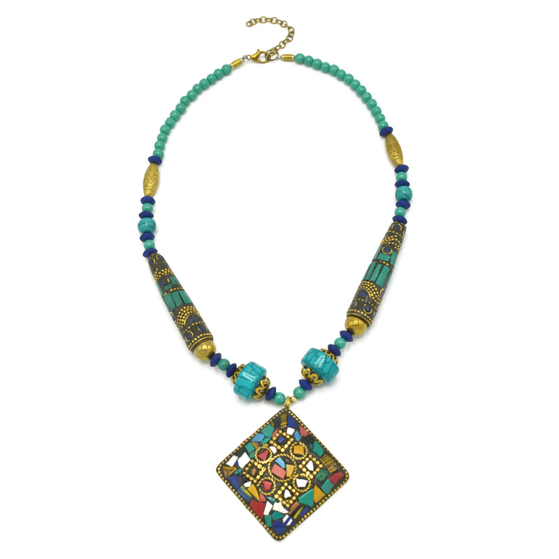 GOLD BLUE AND TURQUOISE BEADS MULTICOLOR PENDANT NECKLACE