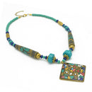 GOLD BLUE AND TURQUOISE BEADS MULTICOLOR PENDANT NECKLACE