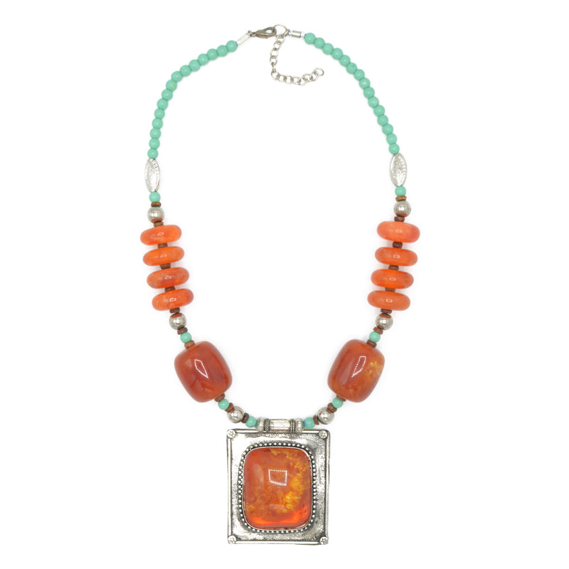 Blue Orange and Silver Beads and Orange and Silver Pendant necklace