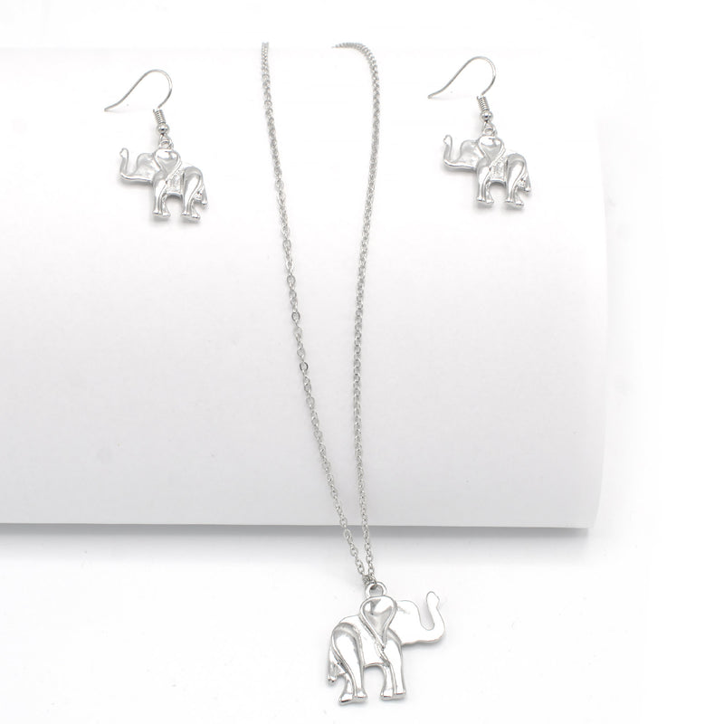 SILVER ELEPHANT PENDANT NECKLACE AND EARRINGS SET