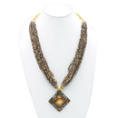 GOLD BROWN PENDANT RESIN BRASS & SEED BEAD LAYERED NECKLACE