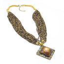 GOLD BROWN PENDANT RESIN BRASS & SEED BEAD LAYERED NECKLACE
