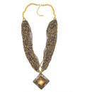 GOLD BROWN PENDANT RESIN BRASS & SEED BEAD LAYERED NECKLACE