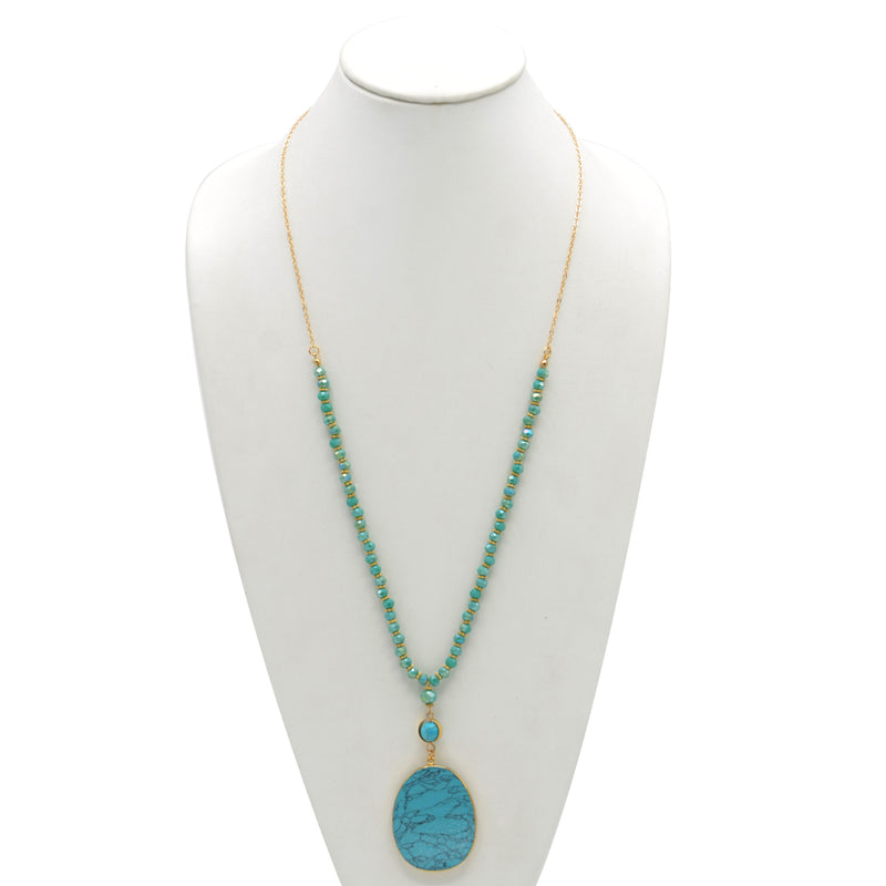 GOLD TURQUOISE PENDANT AND BEAD LONG NECKLACE