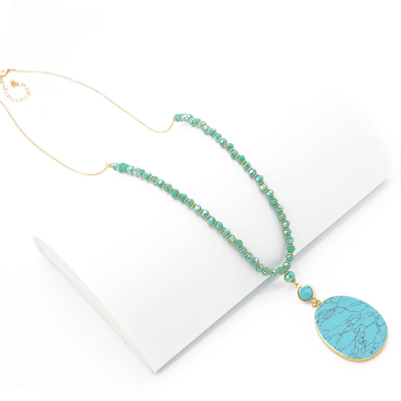 GOLD TURQUOISE PENDANT AND BEAD LONG NECKLACE