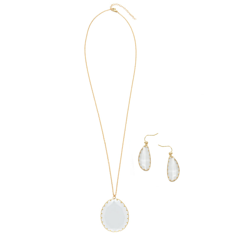 GOLD WHITE CRYSTAL PENDANT NECKLACE AND EARRINGS SET