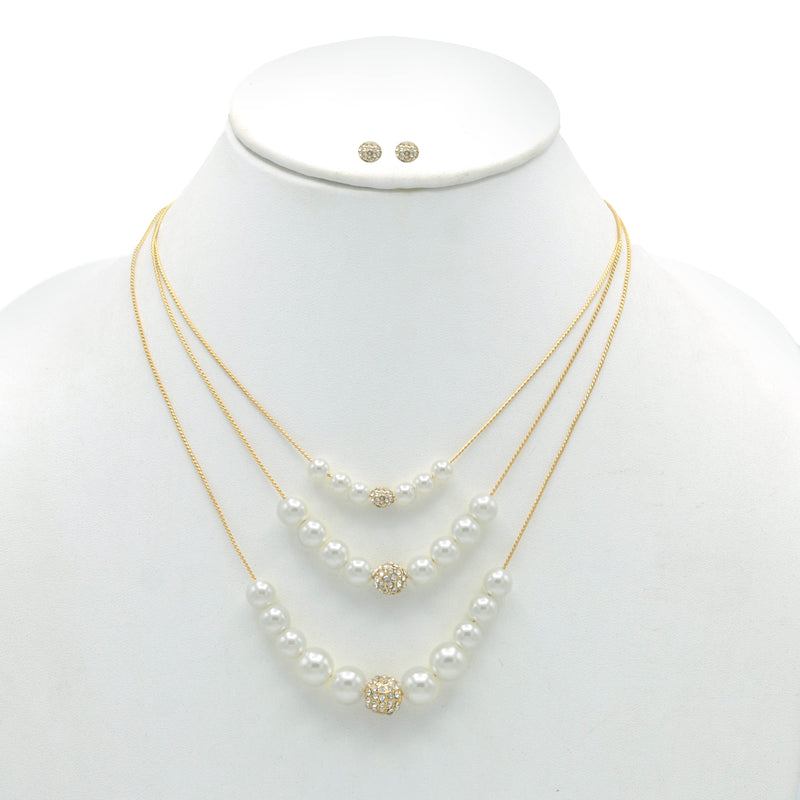 GOLD AND CREAM PEARL CRYSTAL NECKLACE AND EARRINGS SET