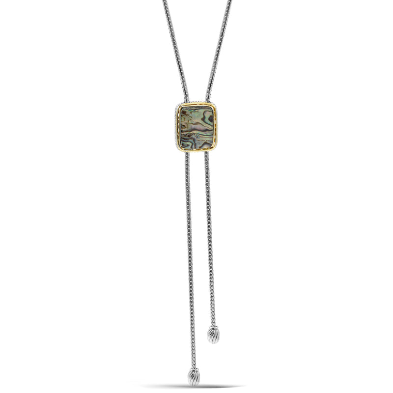 TWO TONE ABALONE PENDANT ENGRAVED TASSEL NECKLACE
