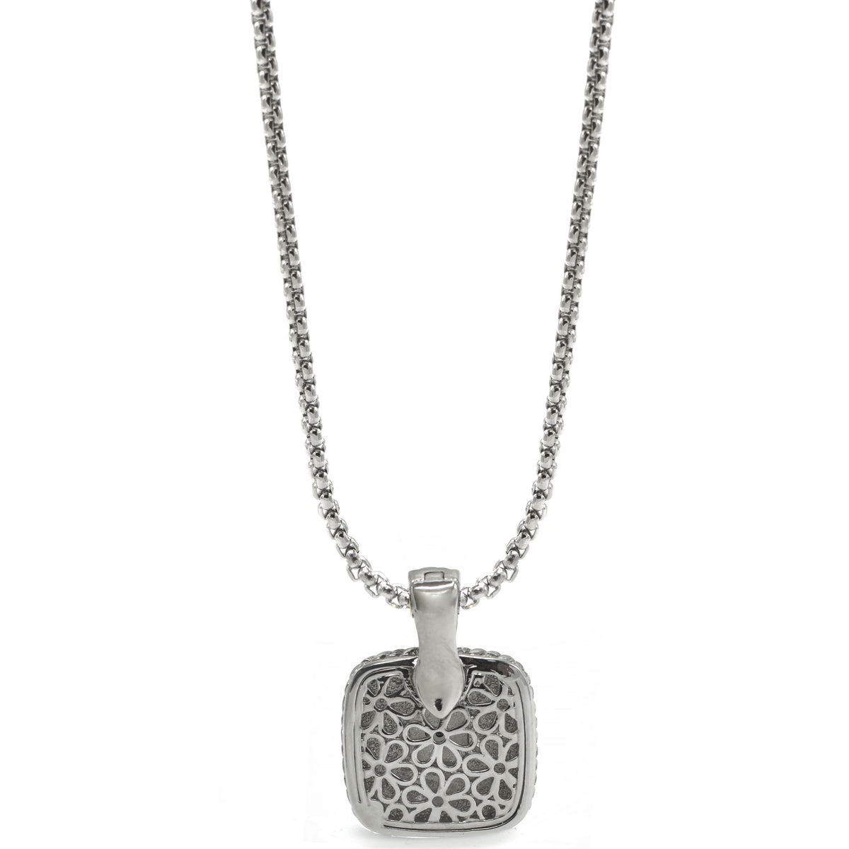 TWO TONE PAVE SQUARE CRYSTAL ENGRAVED PENDANT WITH BOX CHAIN