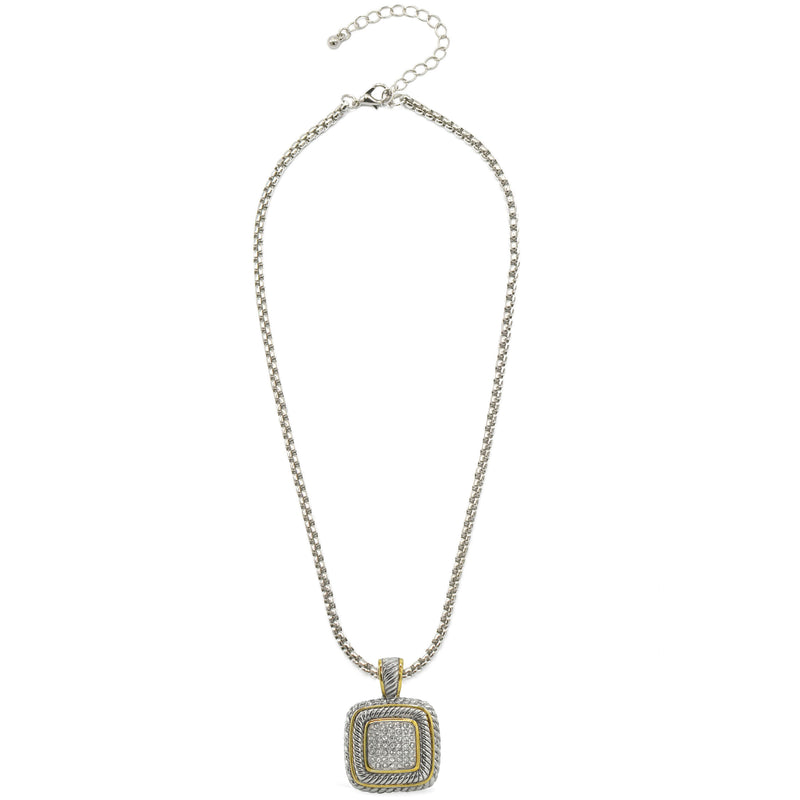 TWO TONE PAVE SQUARE CRYSTAL ENGRAVED PENDANT WITH BOX CHAIN NECKLACE