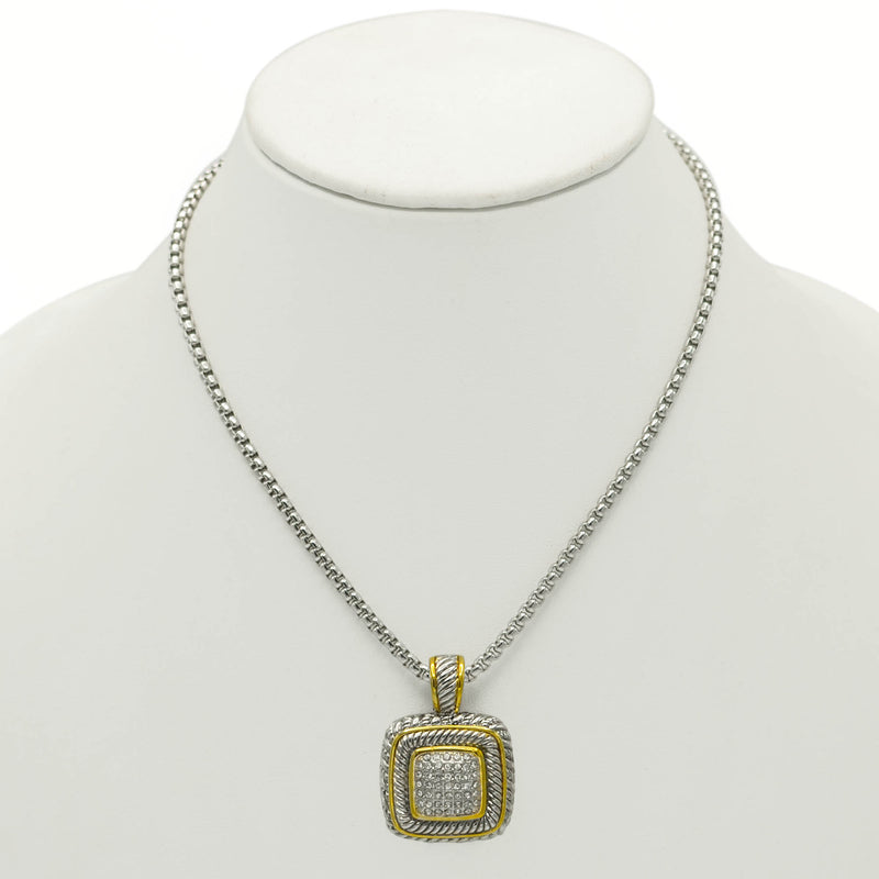 TWO TONE PAVE SQUARE CRYSTAL ENGRAVED PENDANT WITH BOX CHAIN NECKLACE