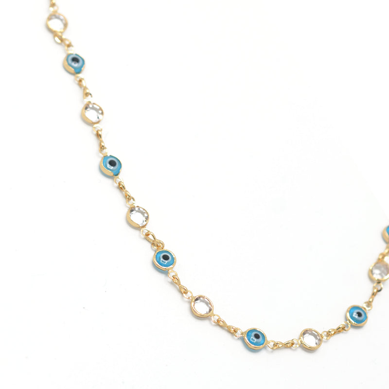 GOLD BLUE EVIL EYE AND CRYSTAL EXTRA LONG NECKLACE