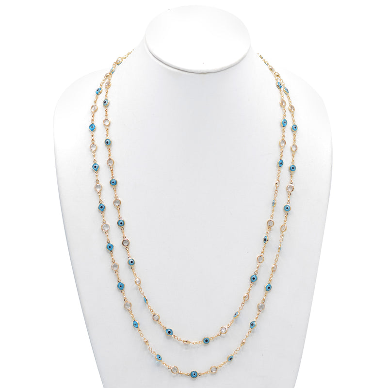 GOLD BLUE EVIL EYE AND CRYSTAL EXTRA LONG NECKLACE