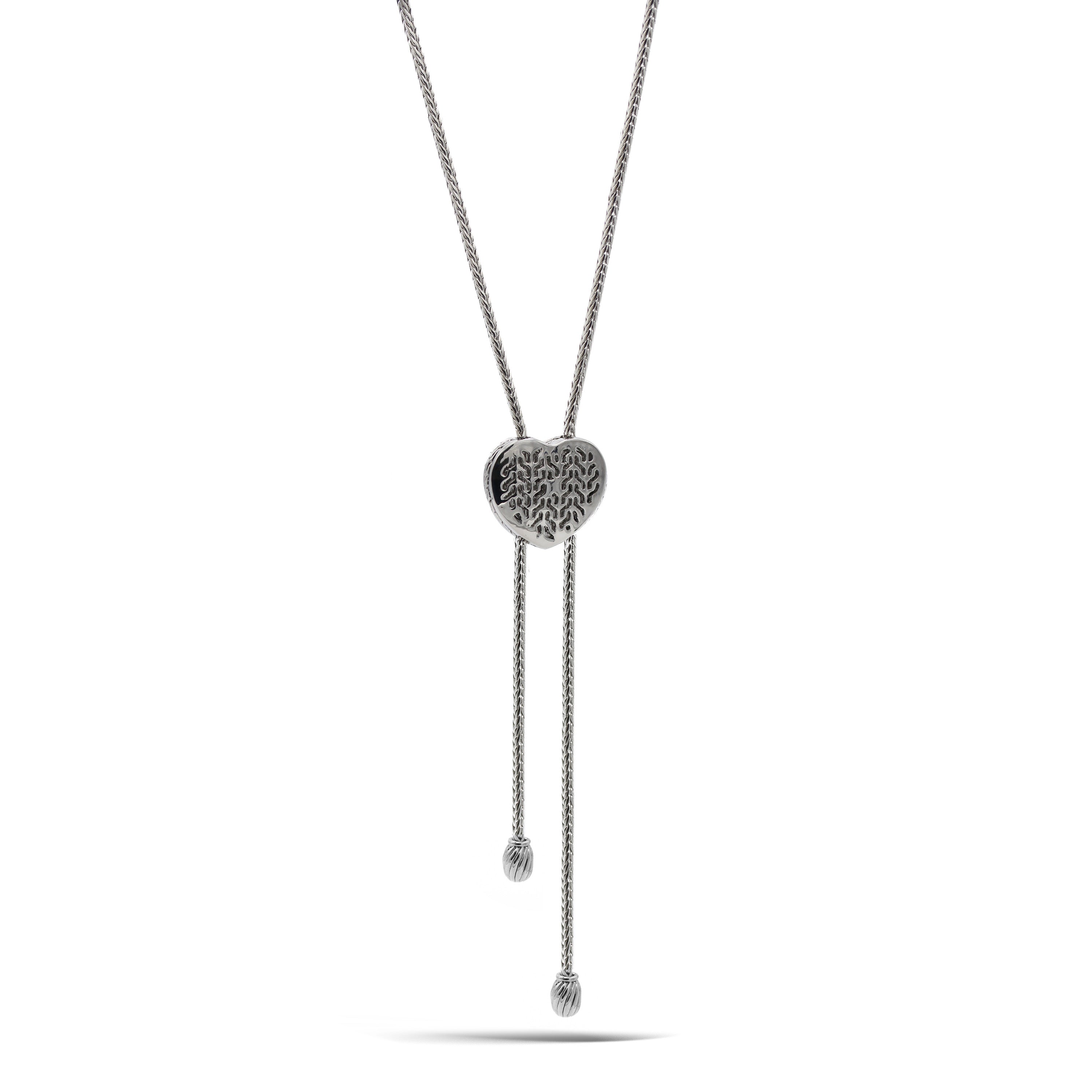 TWO TONE PAVE CRYSTAL ENGRAVED HEART PENDANT LONG TASSEL