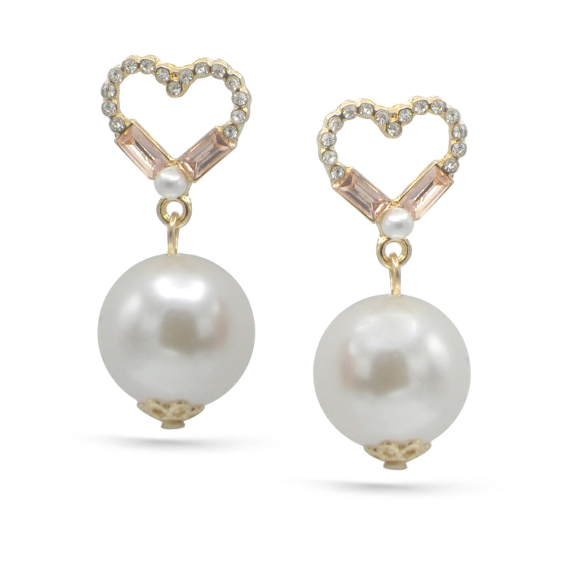 GOLD CRYSTAL HEART AND CREAM PEARL EARRINGS
