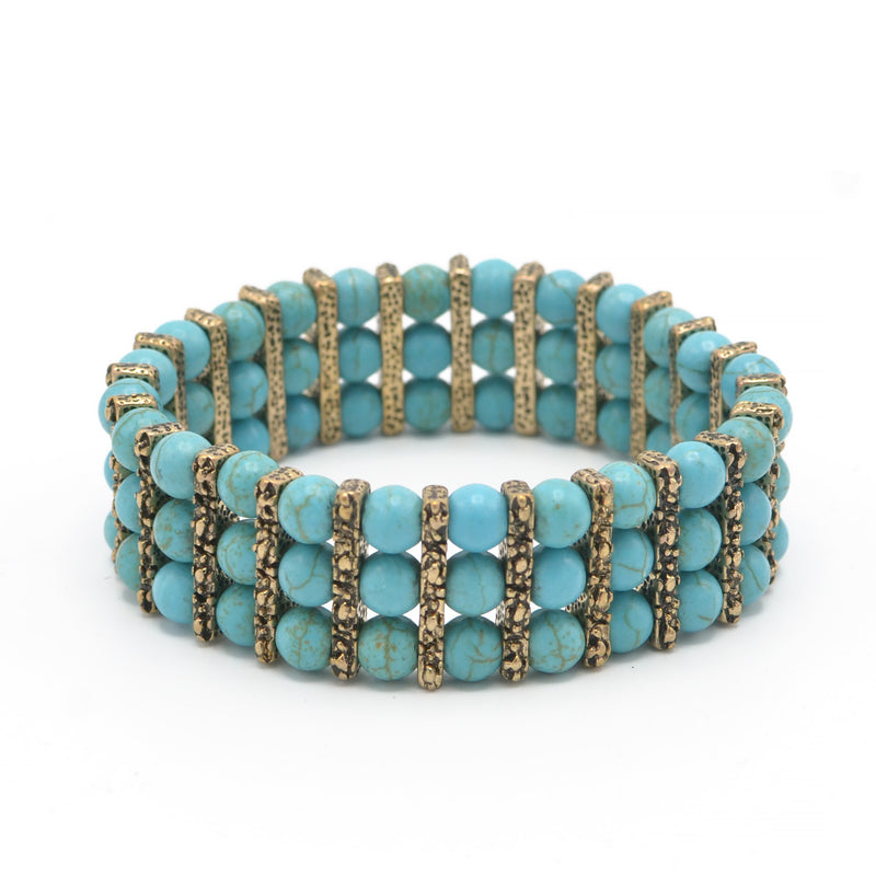 OXIDIZE GOLD AND TURQUOISE BEADS MEMORY WIRE STRETCH BRACELET