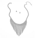 SILVER RHINESTONE CRYSTAL TASSEL NECKLACE AND EARRINGS SET