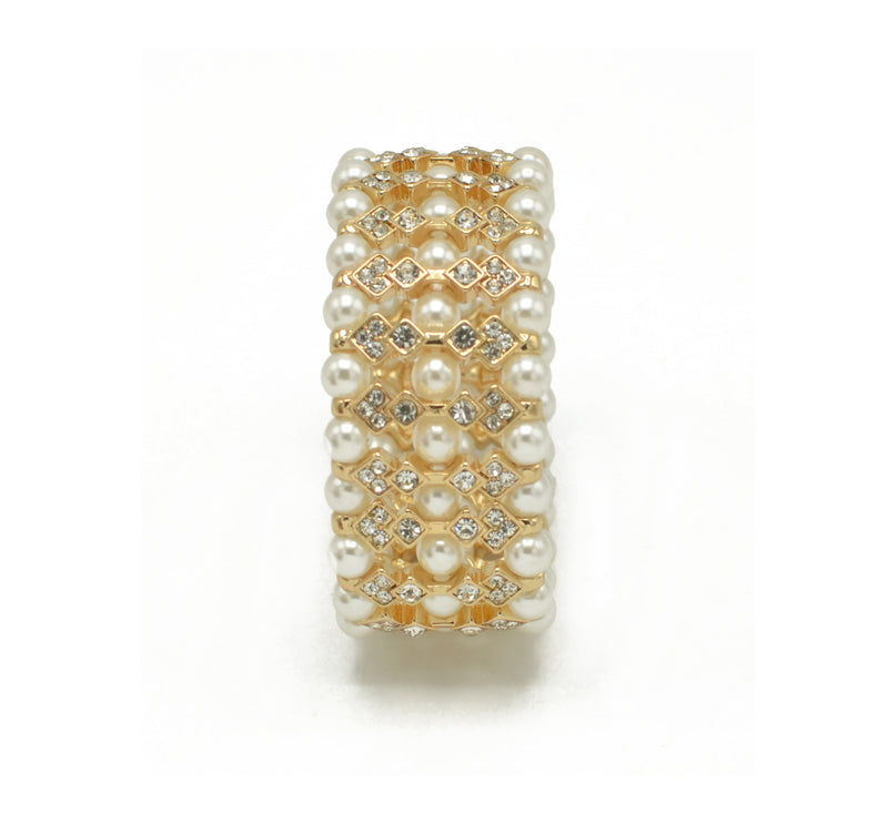 GOLD CREAM PEARL AND CRYSTAL MEMORY WIRE STRETCH BRACELET