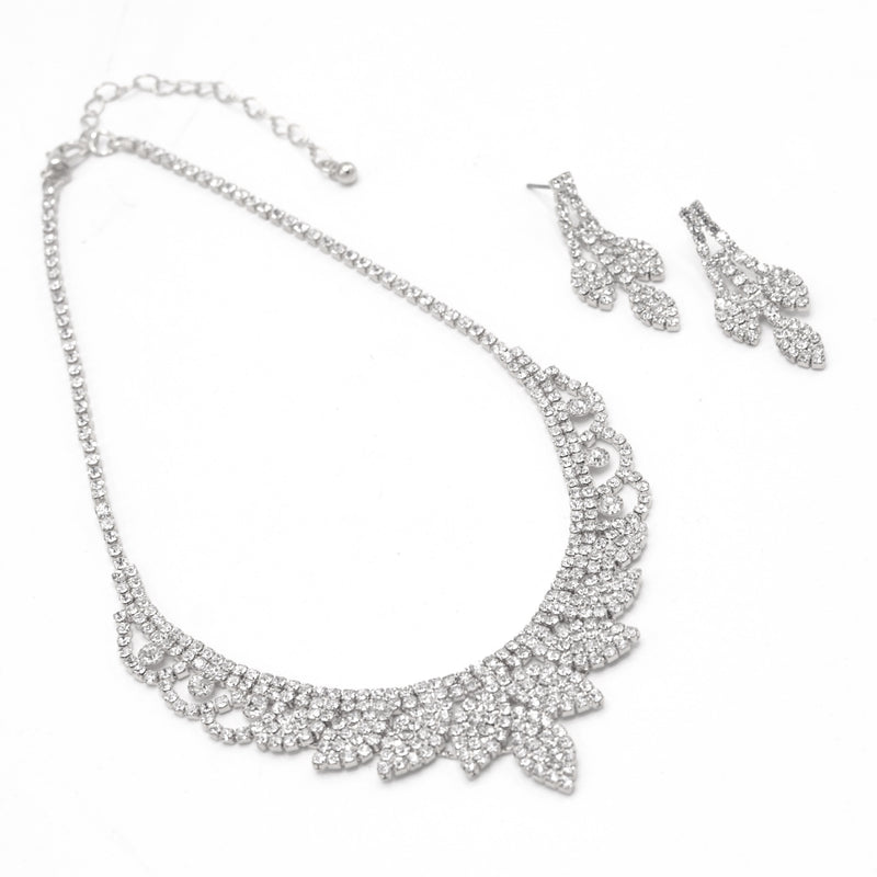 SILVER RHINESTONE CRYSTAL NECKLACE AND EARRINGS SET